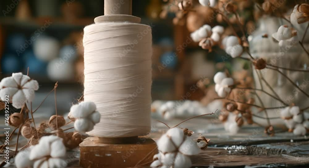 Raw cotton bolls beside a spool of thread, nature's garment