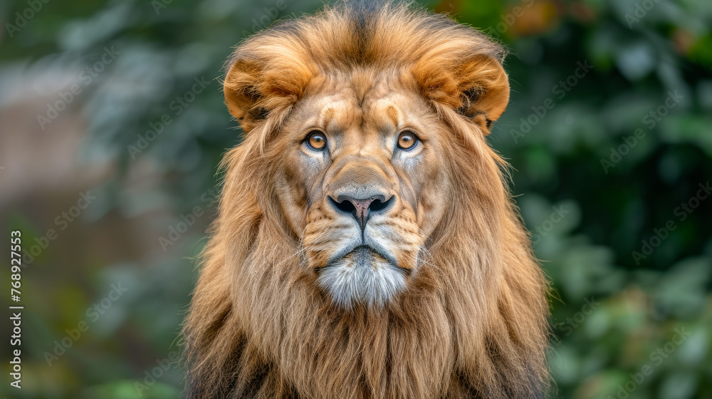 A lion with a long mane and a big nose. The lion is looking at the camera