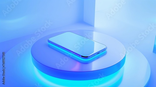 Isometric composition of smartphone on a round platform with a light blue gradient in the middle. Blue and white background, minimalistic style, a glass texture. Generated by artificial intelligence.