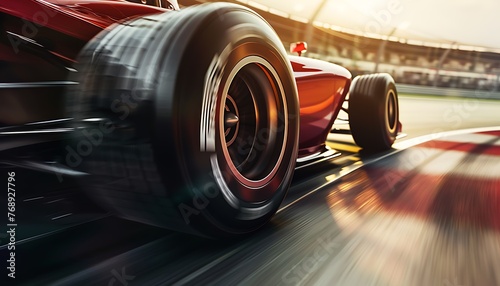 Red Formula One Race Car Speeding on Track with Dynamic Blurred Motion and Excitement
