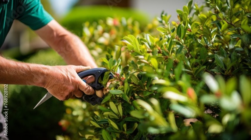 A man is trimming the bushes in his yard