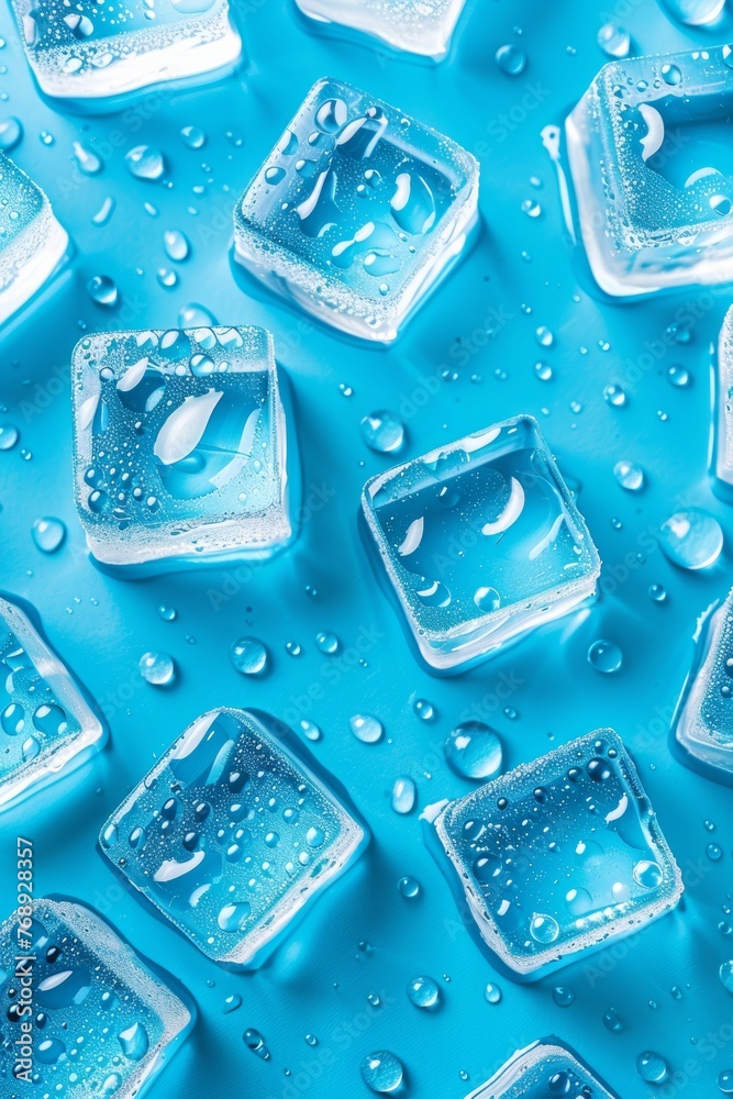 Chilled water ice cubes with droplets on blue background, image with toned effect Chilled water ice cubes with droplets on blue background, image with toned effect