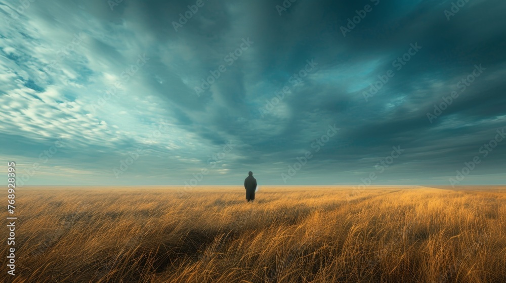 A lone person stands contemplative in an expansive golden field, dwarfed by the immense blue sky above. - obrazy, fototapety, plakaty 