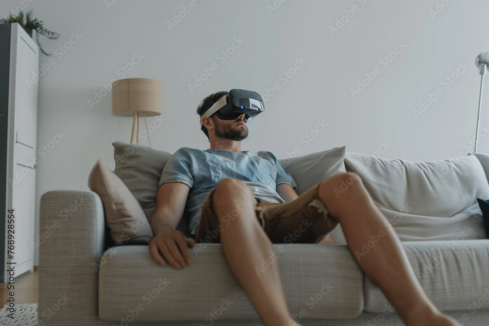 Man on couch playing with virtual reality glasses