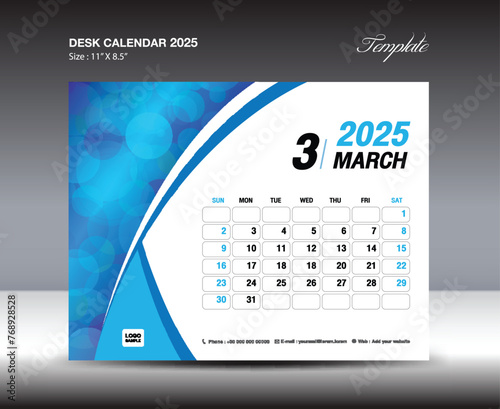 Desk Calendar 2025 year template, March 2025 template, wall calendar 2025 year, Week starts Sunday, Planner design, Stationery design, flyer design, printing media, blue curve backgrund vector