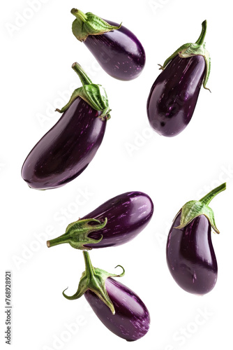 Falling eggplant isolated on white background, clipping path, full depth of field