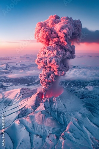 Aerial photo of an erupting volcano , covered with huge pink smoke from its peak, snow on the ground