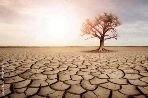 Oasis of Life: A Tree's Solitude on Sunbaked Earth. Amidst the sun-soaked, cracked terrain, a lone tree with sporadic greenery stands resilient, a stark symbol of life in the arid expanse.