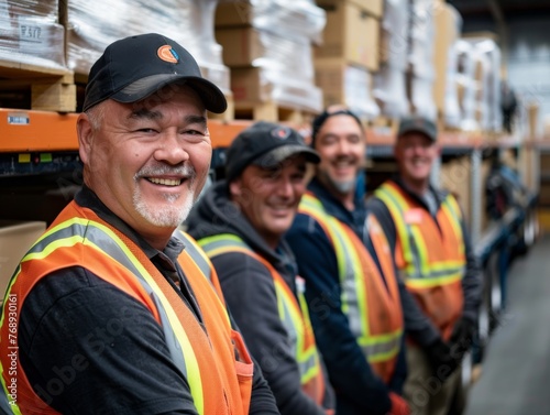 Men in highvisibility workwear and hard hats posing in warehouse for picture