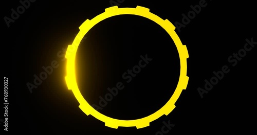 Gear frame with glowing gold beam. Golden cogwheel illuminated by 3d render luminous line moving along perimeter for design