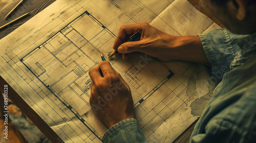 Close-up of a draftsman's hands drawing architectural blueprints on a wooden table