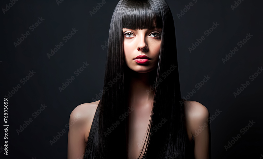 Fototapeta premium A woman with long black hair and a red lipstick