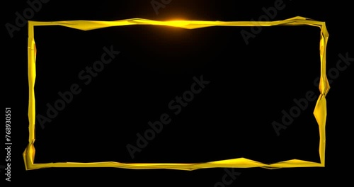 Golden broken frame with glowing gold line. Yellow twisted rectangle illuminated by 3d render luminous line moving along perimeter for design of effective electric led shows