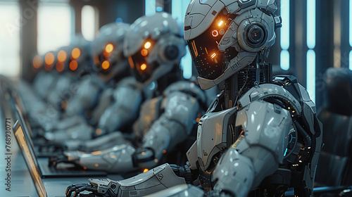 A group of robots are sitting at a table with laptops in front of them. They are all wearing headphones and seem to be working on Customer Services. The scene is focused and serious photo