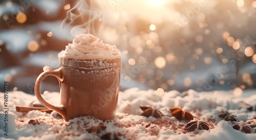 Steaming mug of hot chocolate on a snowy table, winter warmth