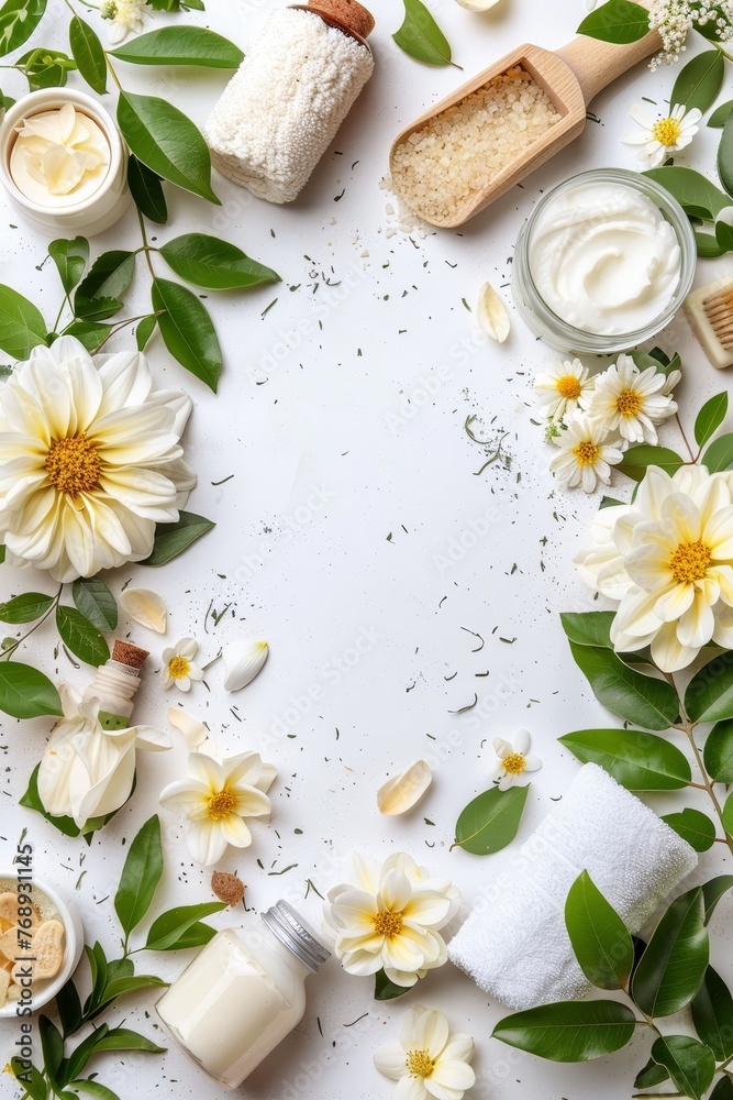 Eco friendly spa accessories still life on white background with ample space for text placement