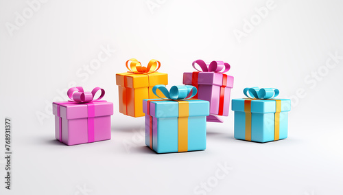 Group of gifts from multi-colored boxes with ribbons bright gifts with bows isolated on white background photo