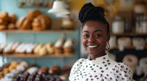 Afro-American Woman Entrepreneur in Bakery Scene