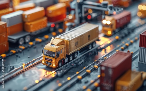 Toy truck on railway track near rolling stock containers