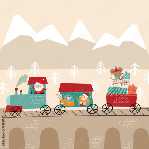 Cartoon drawing of a train with a gift box. Christmas. New Year.Vector illustration for Advent calendar or card.