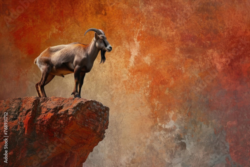 Majestic goat standing on rocky outcrop against vibrant orange and red background in the wilderness photo