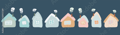 Child Drawing Doodle Set of Crooked Houses on Dark background. Hand Drawn Vector Flat or Cartoon Style Collection of Design Graphic Art Elements for Kid Book, Card, Poster, Banner, Logo.