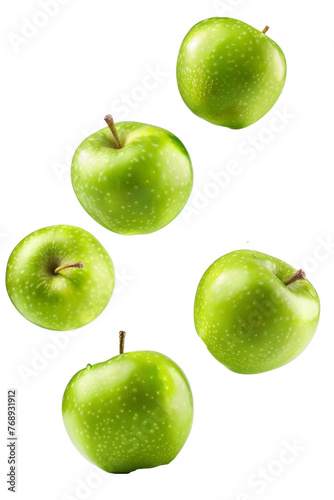 Falling green juicy apple isolated on white background, clipping path, full depth of field 