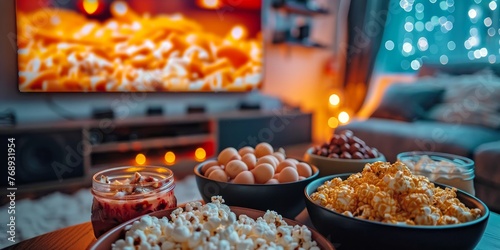 Home game day ambiance with cozy snacks and live football match on screen photo