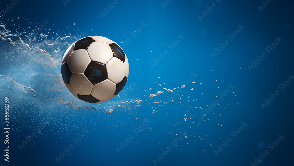 Naklejka premium Soccer ball through the blue sky with a trail of dust Copy space gaming concept