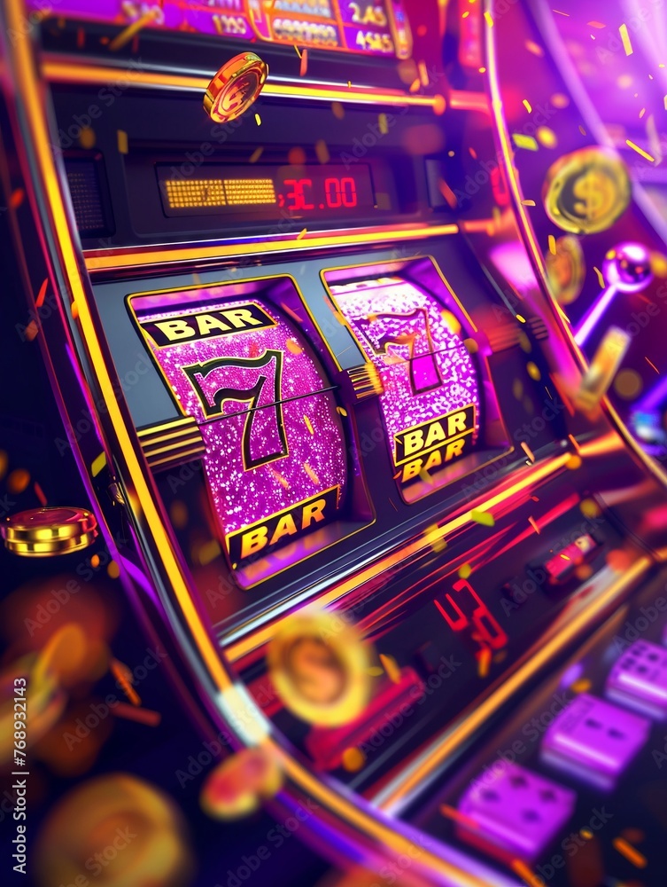 3d ilustration, realistic, centered view, slot machine, 3 slots, in a cassino, glitter purple and gold colour - obrazy, fototapety, plakaty 