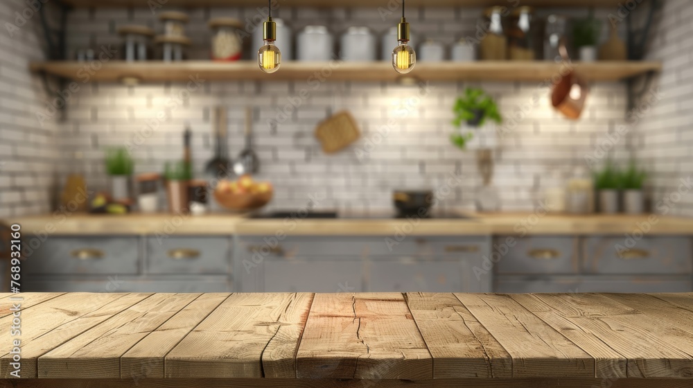 Wooden tabletop on blurred kitchen background for product display mockup and showcasing merchandise Wooden tabletop on blurred kitchen background for product display mockup and showcasing merchandise