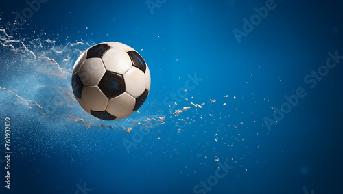 Soccer ball through the blue sky with a trail of dust Copy space gaming concept