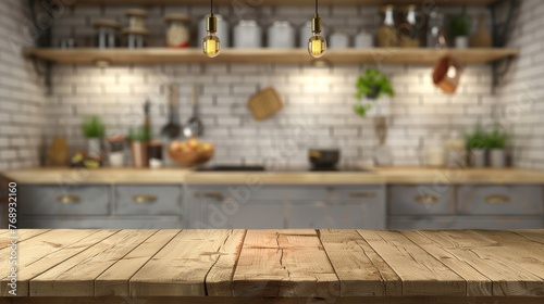 Wooden tabletop on blurred kitchen background for product display mockup and showcasing merchandise