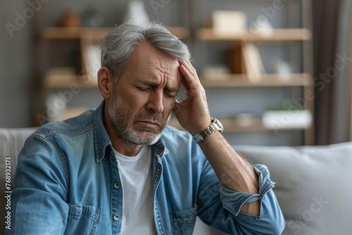 Unhealthy man feel stressed suffer from migraine or headache at home. Unwell tired middle-aged male sit on sofa struggle with blurry vision or dizziness, have high blood pressure. Generative AI