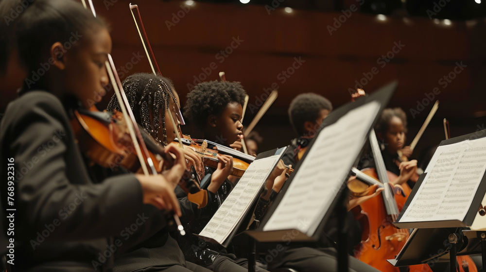 Fototapeta premium Dynamic Rhythms: Vibrant Performance by African American Youth Orchestra