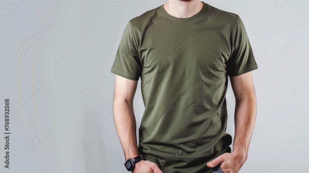 A mockup of the front view t-shirt, wearing by an athletic man in military green color. Man standing against white blank background. Generated by artificial intelligence. A mockup of the front view t-shirt, wearing by an athletic man in military green color. Man standing against white blank background. Generated by artificial intelligence.