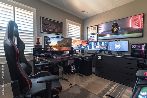 Modern gaming room with computer monitors and a chair 
