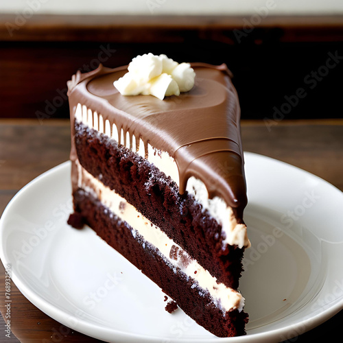 A tiny layered piece of chocolate cake on a plate photo