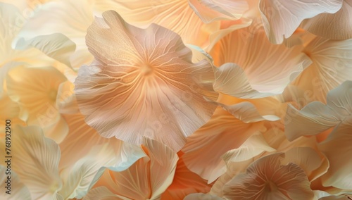 A closeup of delicate, translucent petals in shades of cream and beige, creating an ethereal background for wedding visuals Generative AI photo