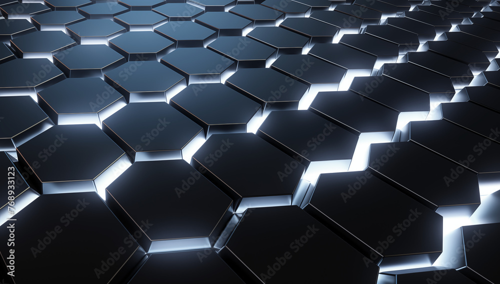 Fototapeta premium Abstract hexagonal geometric ultra-wide background wallpaper. Structure of lots of hexagons of carbon fiber with bright energy light breaking through the cracks wallpaper
