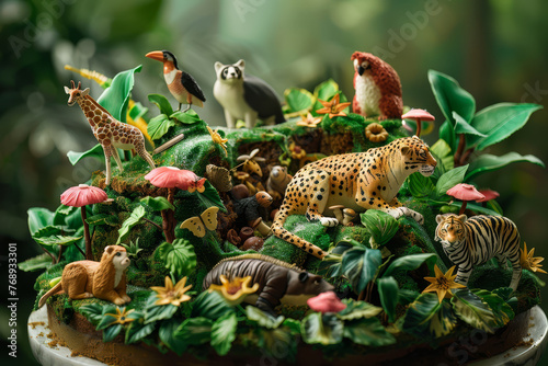 A jungle-themed celebration cake, richly decorated with edible animal figurines and tropical foliage, perfect for a themed party..