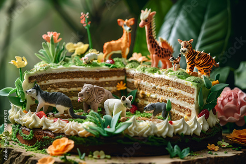 A jungle-themed celebration cake, richly decorated with edible animal figurines and tropical foliage, perfect for a themed party..