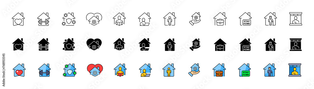 Home icon collection. Smart home buttons. Linear, silhouette and flat style. Vector icons