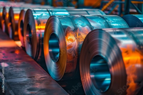  several stainless steel coils in a factory , vivid colors
