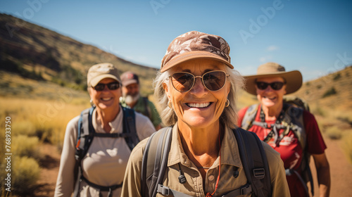 Group of happy senior friends hiking together on a sunny day. Active retirement and healthy lifestyle concept for design and print.