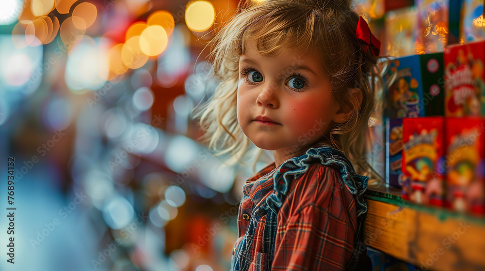 Fototapeta premium Young child gazing with curiosity at toy shelves in a store. Childhood wonder and shopping concept with bokeh lights for design and print.