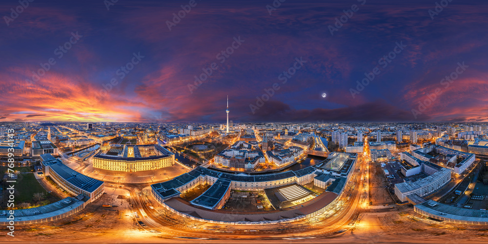 capital city Berlin Germany downtown night aerial 360° equirectangular vr - obrazy, fototapety, plakaty 