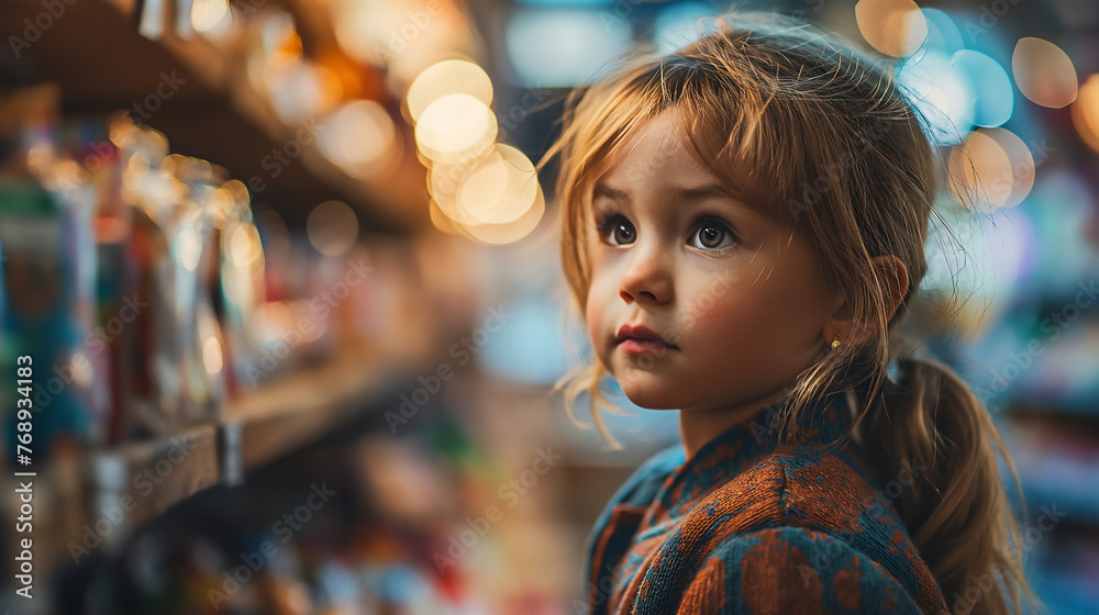 Young child gazing with curiosity at toy shelves in a store. Childhood wonder and shopping concept with bokeh lights for design and print. - obrazy, fototapety, plakaty 