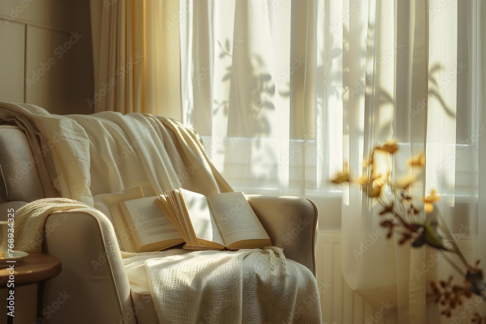 An inviting reading nook with a comfortable armchair, soft knitted throw, and open book bathed in warm sunlight beside a window with plants.