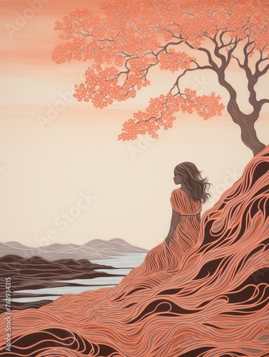 Solitary coral bloom, woman with apricot waves, peach and burnt sienna mix